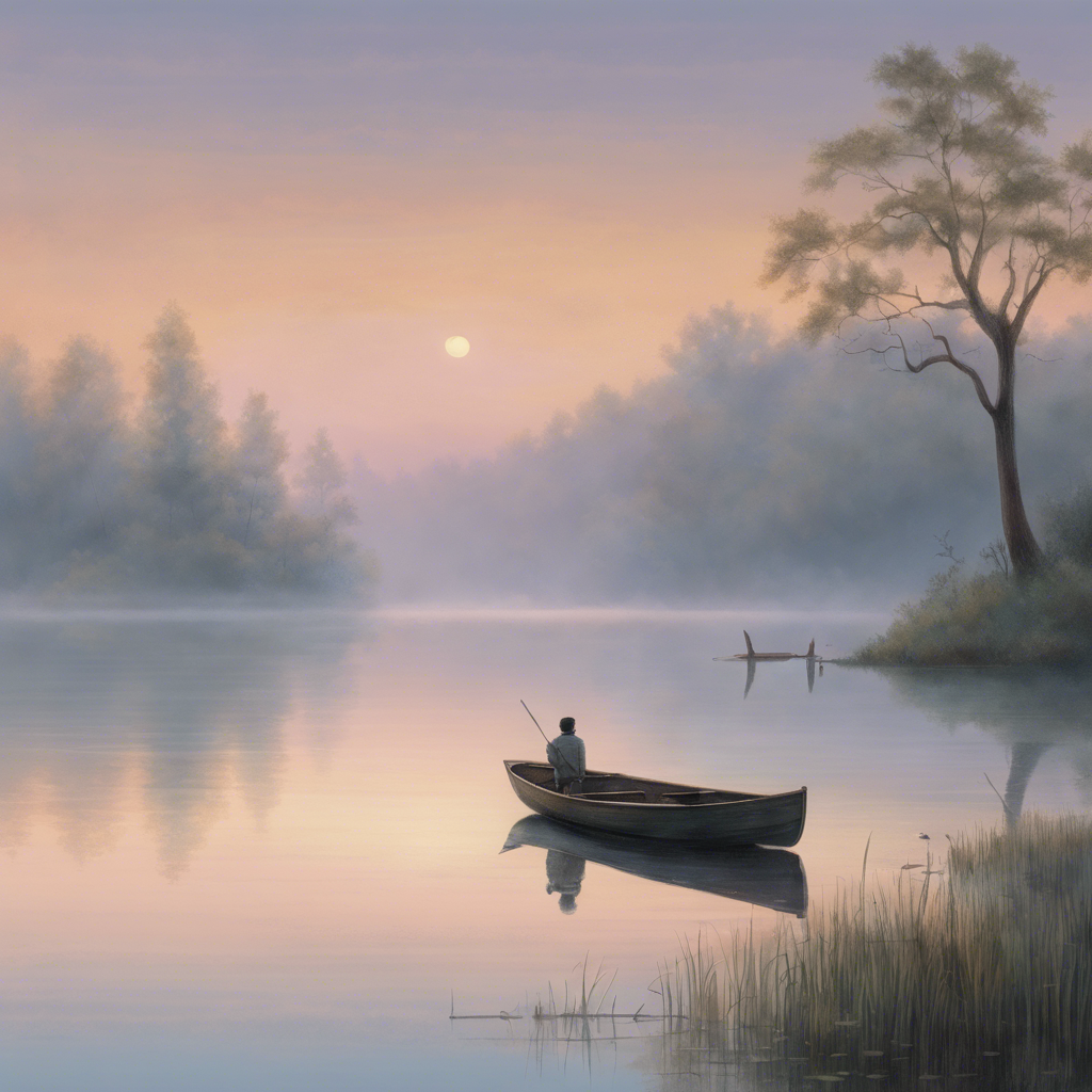 A peaceful lakeside scene at dawn: A small wooden rowboat floats gently on the still water, reflecting the soft pastel colors of the morning sky. Mist rises from the lake, partially obscuring the distant tree-covered hills. A lone fisherman stands in the boat, casting a line into the water. On the shore, a small campfire burns, with a tent set up nearby, and the first rays of sunlight touch the tops of the trees.