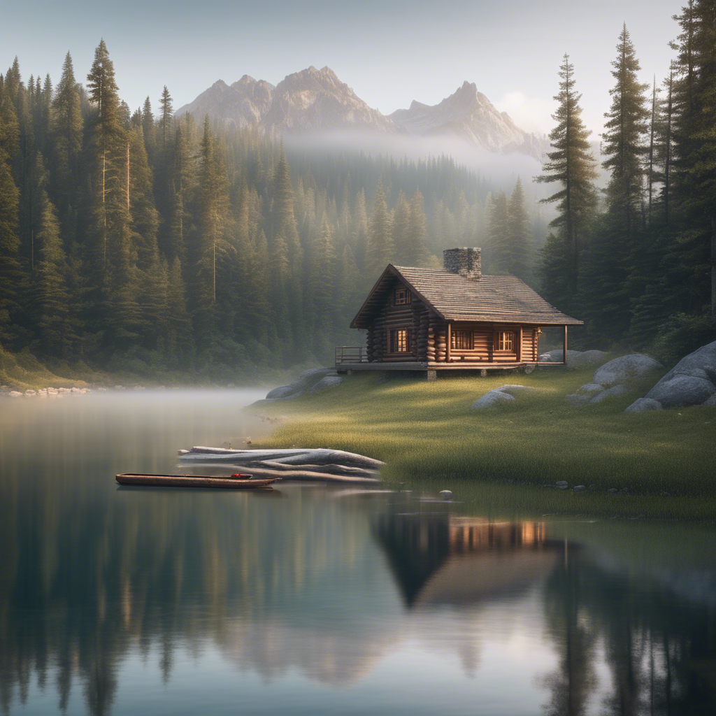 A serene mountain lake surrounded by lush pine forests, with a cozy log cabin by the shore and a misty morning fog.