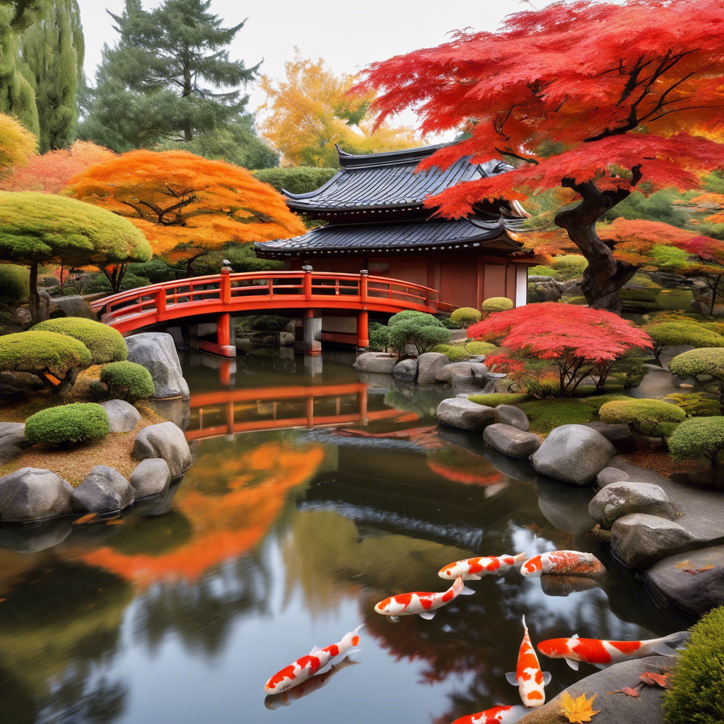 A serene Japanese garden in autumn: The garden features a traditional wooden bridge arching over a koi pond filled with colorful fish. Maple trees with vibrant red, orange, and yellow leaves surround the pond, and a stone lantern sits beside the water. A gentle breeze causes some leaves to fall, creating ripples in the water. The background has a small tea house with sliding doors open to the garden.