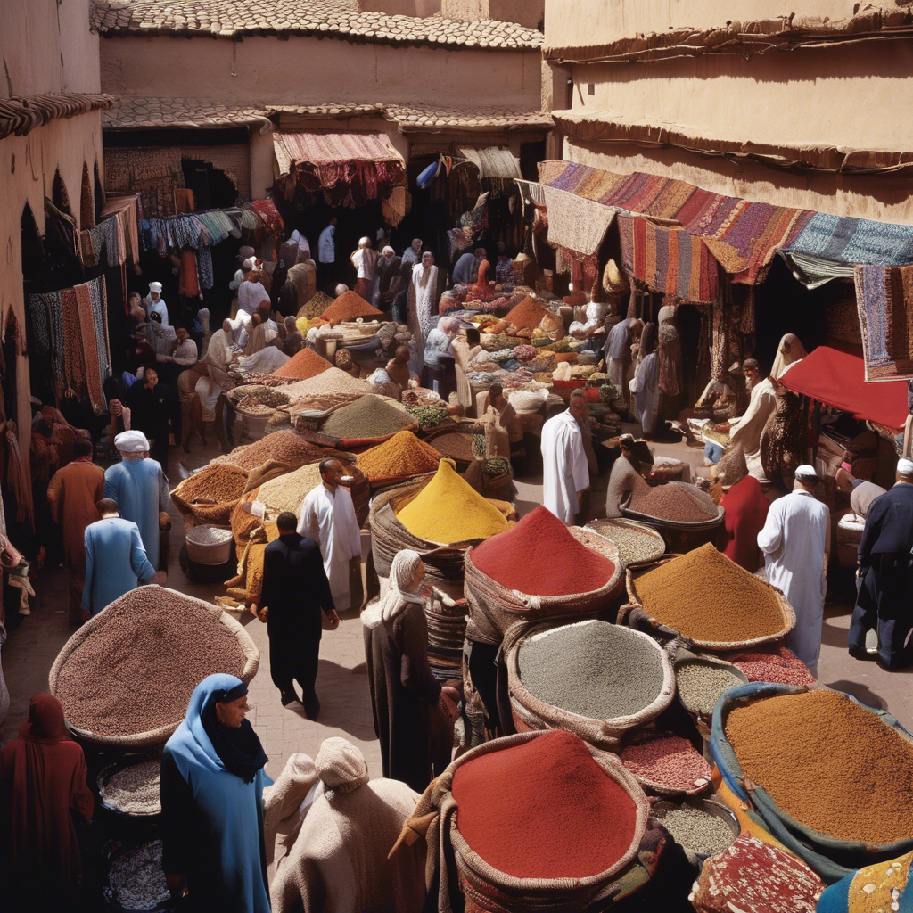A bustling Moroccan market: The scene is vibrant with stalls selling colorful textiles, spices in large sacks, and intricate pottery. The market is crowded with people, some in traditional clothing, haggling with vendors. The air is filled with the rich scent of spices and freshly cooked street food. Above, fabric awnings create patterns of light and shadow, and in the background, the tall minaret of a mosque rises against a bright blue sky.