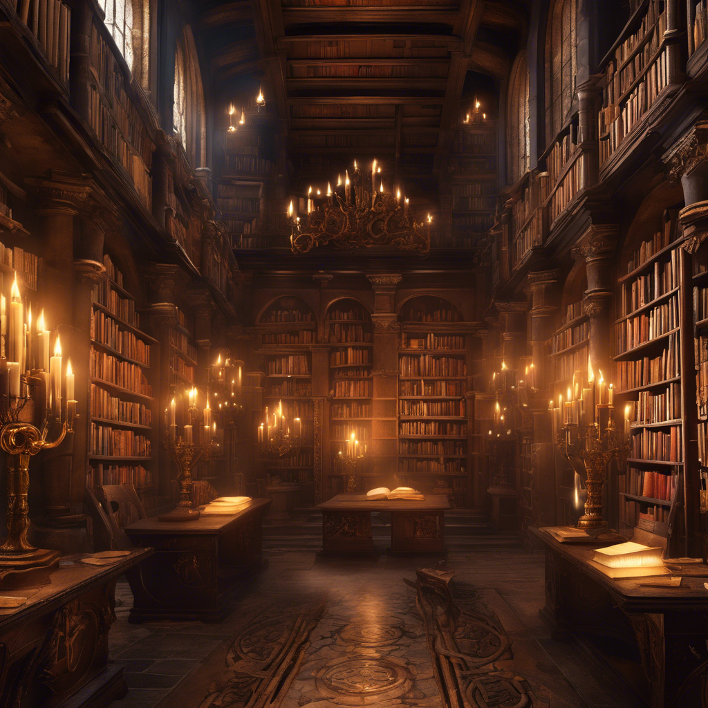 An ancient, mystical library filled with towering bookshelves, floating candles, and scrolls with glowing, magical symbols.