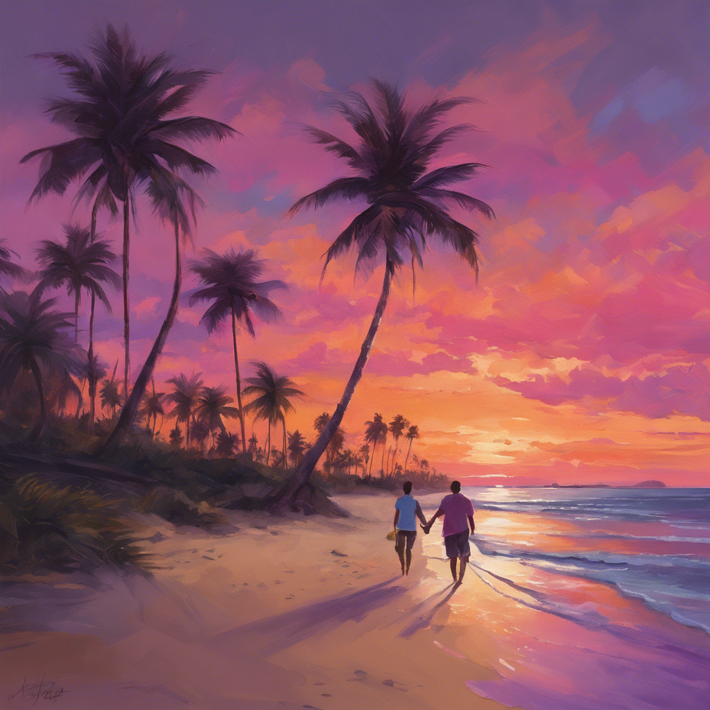 A serene sunset over a tranquil beach: The sun is halfway below the horizon, casting a warm golden glow over the calm ocean waves. The sky is painted in shades of orange, pink, and purple, with a few wispy clouds. Palm trees line the shore, their silhouettes dark against the colorful sky, and a couple walks hand-in-hand along the water�s edge.