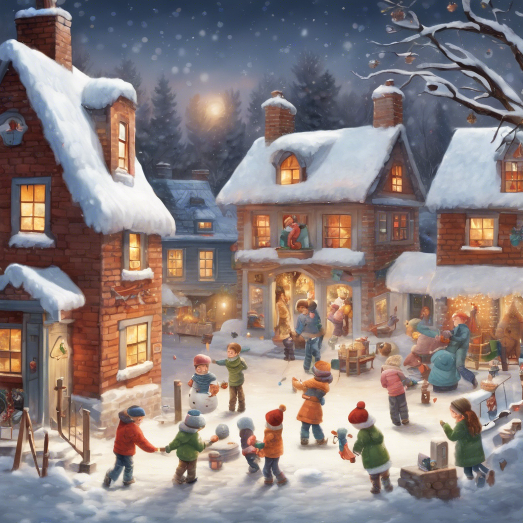 A peaceful winter scene in a small village, with snow-covered rooftops, twinkling holiday lights, and children building snowmen.