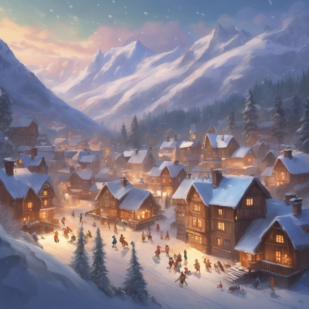 Snow-Covered Village: A cozy, snow-covered village nestled in a mountain valley. Smoke rises from chimneys, and warm light spills from the windows of quaint, wooden houses. Villagers are seen engaging in winter activities, like ice skating and building snowmen.