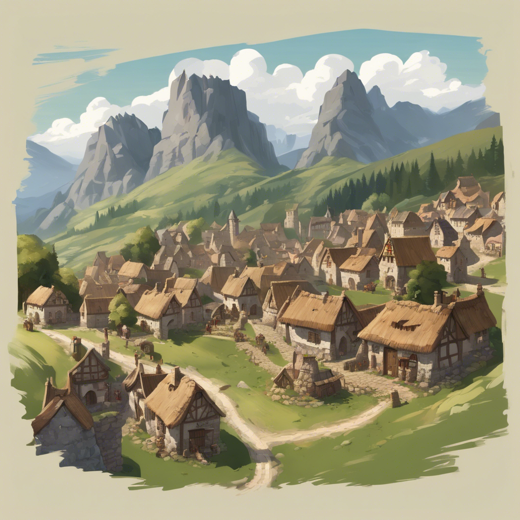 Medieval Fantasy Village: A quaint medieval village nestled in a valley surrounded by towering mountains. Stone cottages with thatched roofs line the cobblestone streets, and villagers are busy with daily tasks. A castle looms on a hill in the background, with banners fluttering in the breeze.