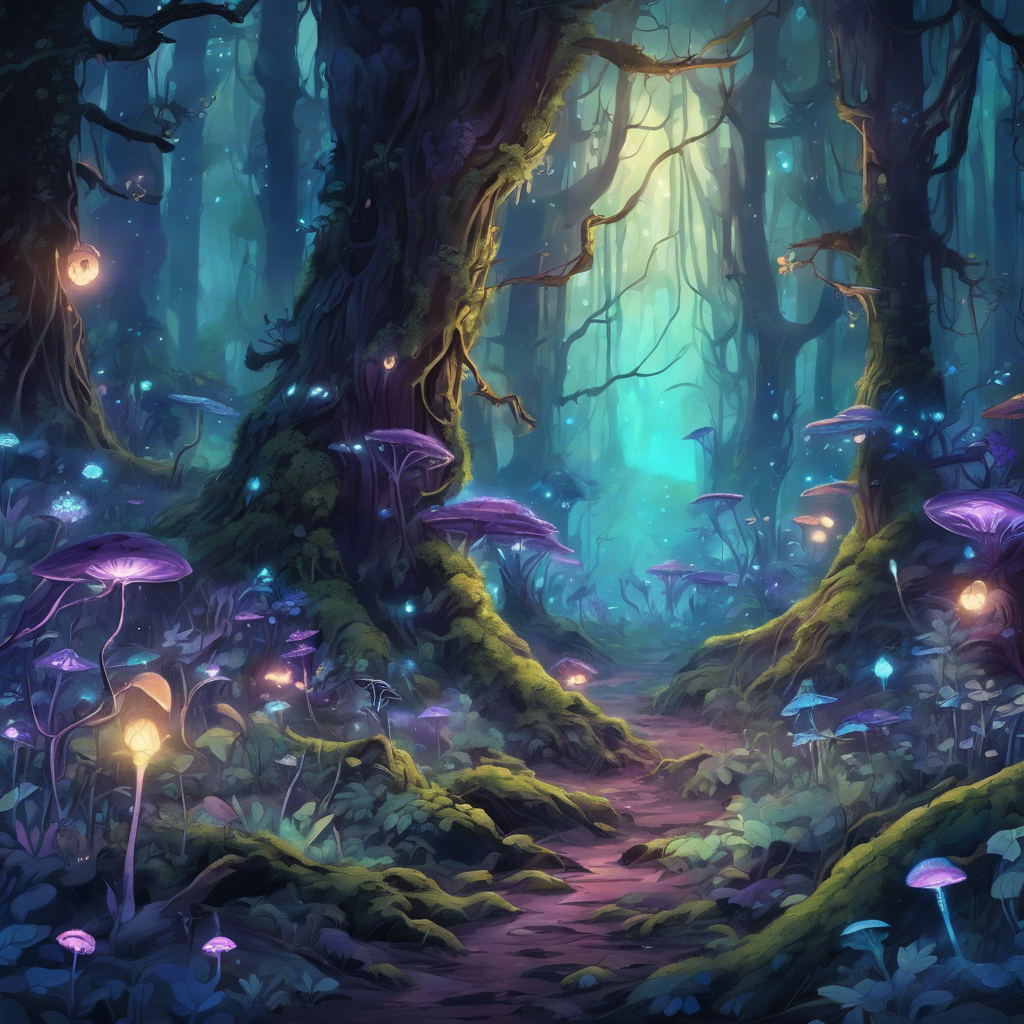 A magical forest with glowing plants and creatures: The forest is dense with tall, ancient trees, their bark covered in luminescent moss. Strange, bioluminescent flowers in blue and purple bloom on the forest floor, casting a soft light. Fireflies dart through the air, and small, mystical creatures with glowing eyes peek from behind the trees. In the distance, a waterfall cascades into a glowing pool, reflecting the light of the plants.