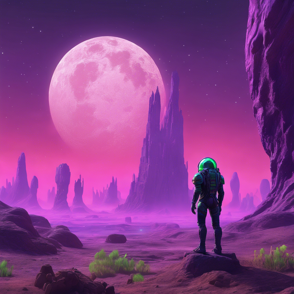 Alien Landscape: A bizarre, otherworldly landscape with towering rock formations, strange vegetation, and a sky that shifts in hues of purple and green. A lone explorer in a futuristic suit stands in awe, gazing at an enormous, glowing moon in the distance.