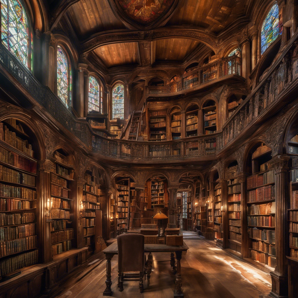 An ancient library filled with towering bookshelves: The library has high, arched ceilings with ornate carvings and large, stained glass windows that cast colorful light across the room. Wooden ladders attached to the bookshelves allow access to the highest books. Dust particles float in the beams of light, and old, leather-bound books line every shelf. In the center, a large wooden table holds open books and scrolls, with quills and ink pots scattered around.