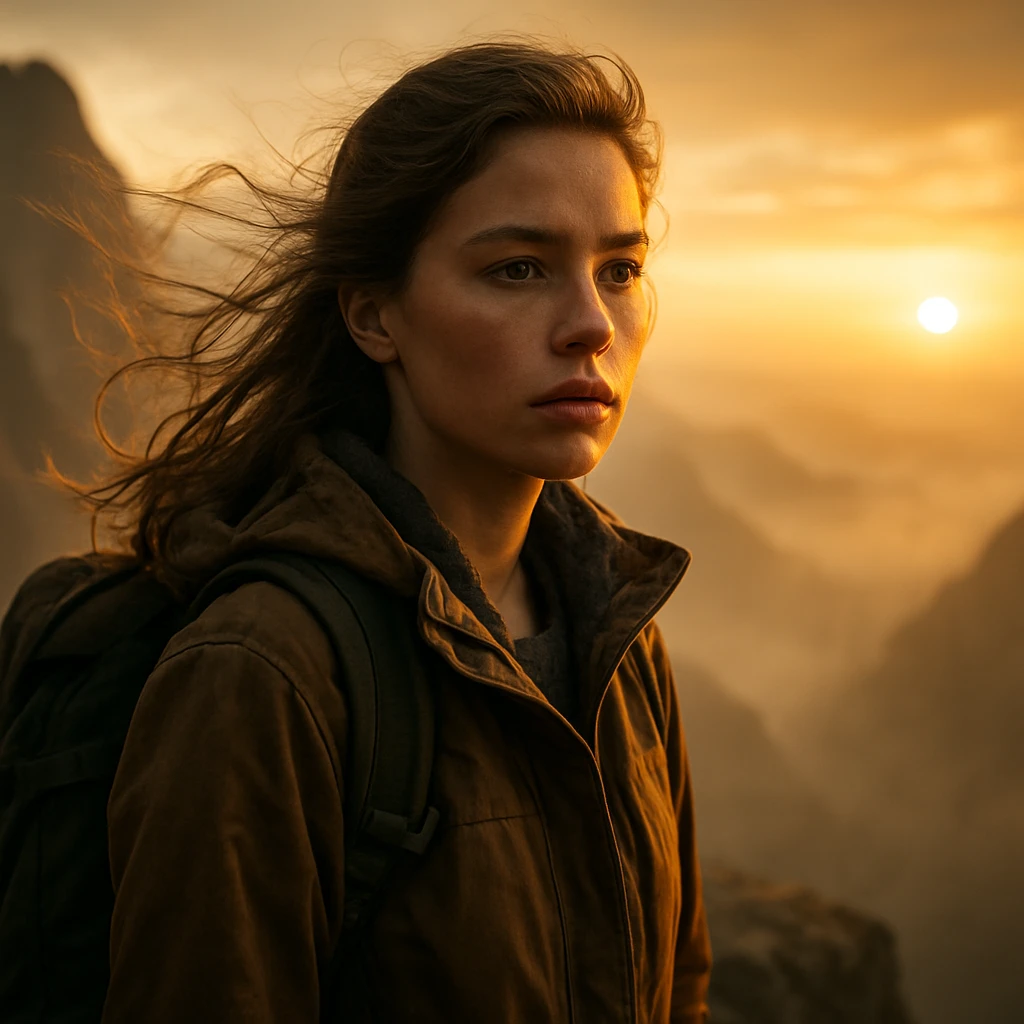 A striking portrait of a young traveler standing on a misty mountain cliff at sunrise, golden light illuminating their face, flowing wind, ultra-realistic skin textures, cinematic composition, shallow depth of field, 85mm lens, HDR, volumetric lighting, award-winning photography, 8K