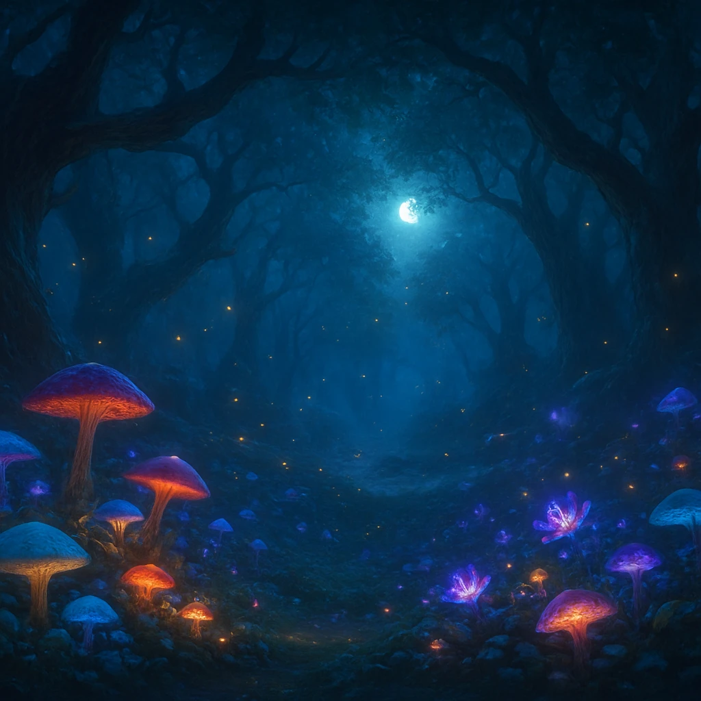 An enchanted forest filled with glowing mushrooms, bioluminescent flowers, ancient twisted trees, floating fireflies, magical fog, soft moonlight, dreamy atmosphere, fantasy art, ultra-detailed, vibrant colors.