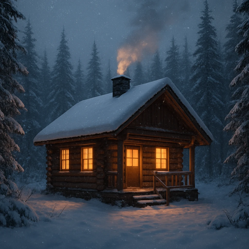 A cozy wooden cabin in a snowy forest, warm lights glowing through windows, smoke rising from chimney, gentle snowfall, peaceful winter evening, photorealistic, ultra-detailed, cinematic lighting.