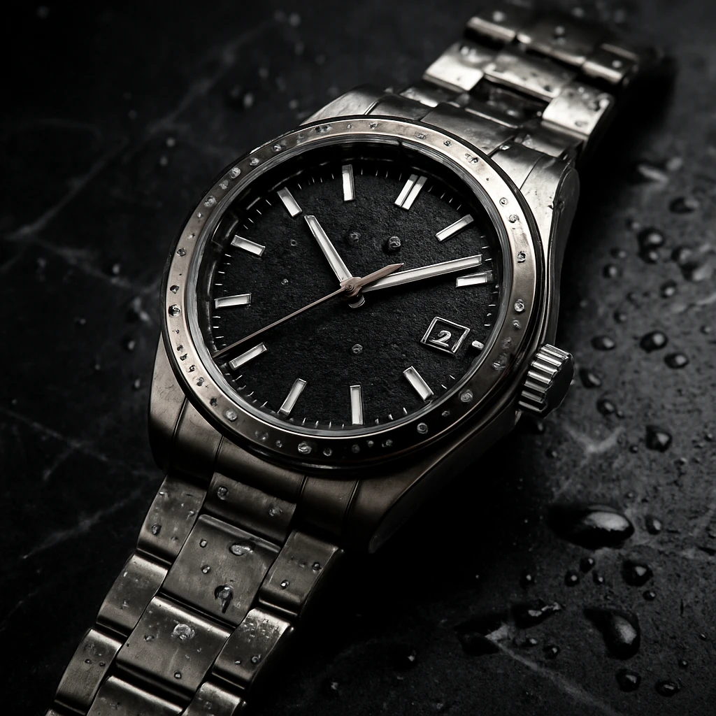 A luxury wristwatch on black marble, dramatic studio lighting, water droplets, premium commercial photography, macro details, ultra-sharp focus, luxury advertisement, 8K.