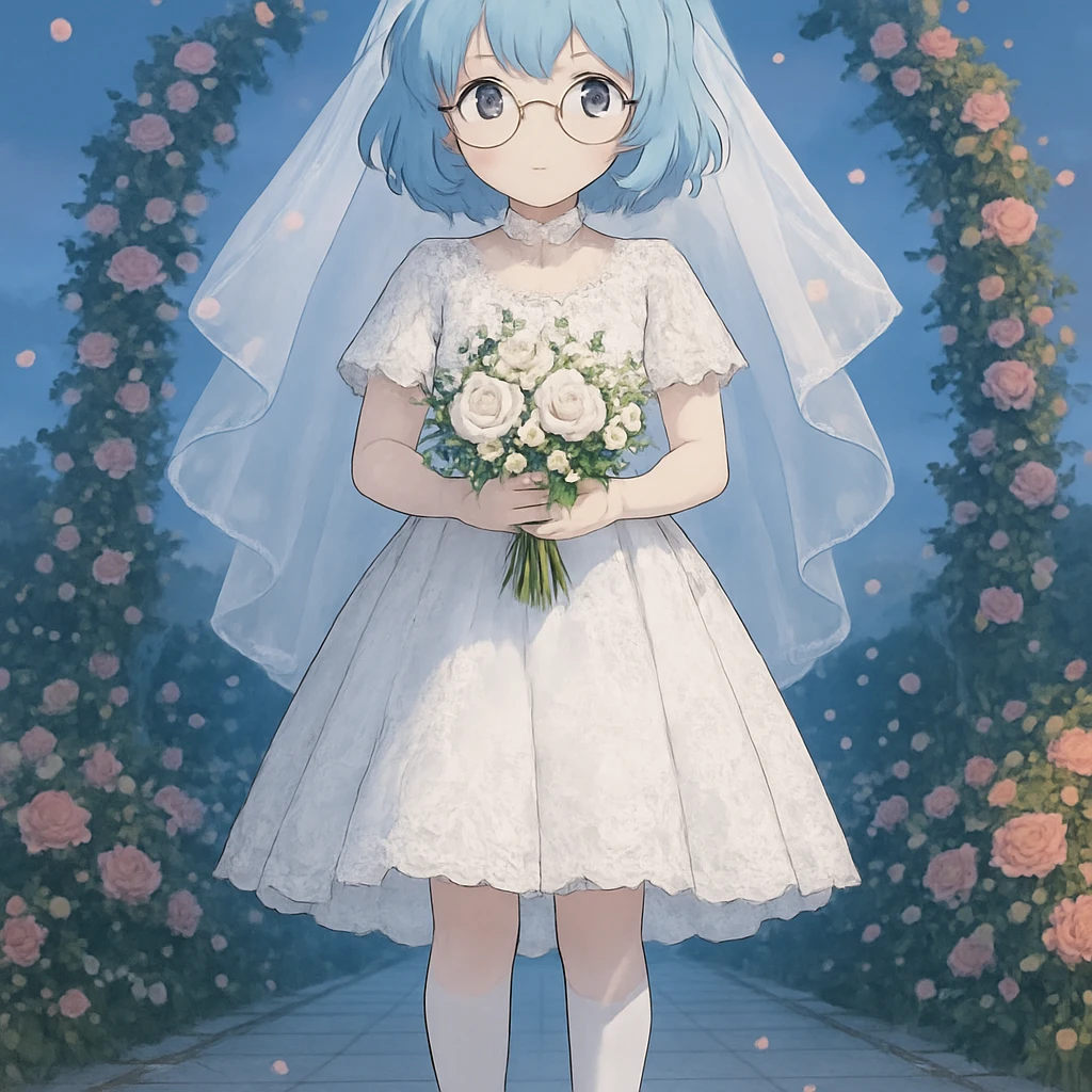 碧蓝航线标志性二次元平涂画风，线条干净利落色彩明快，1位可爱少女，浅蓝蓬松羊毛卷短发长度刚好到脸颊两侧，佩戴细框圆形眼镜，五官精致清晰，身穿缀满蕾丝碎钻的优雅白色婚纱，双腿修长，搭配纯白色过膝棉袜，脚穿复古亮面褐色玛丽珍鞋，双手捧着装满白玫瑰与铃兰的花束，站在布满鲜花拱门的浪漫婚礼殿堂中央，头顶垂坠着轻盈的白色柔纱帐幔，空中飘着漫天飞舞的淡粉花瓣，场景是傍晚时分，整体笼罩在柔和的浅蓝冷调天光下，采用24mm全画幅广角镜头仰拍远景构图，9:16竖幅画幅，画面精准呈现五根手指，顶级创作杰作，超高清4K分辨率，光影层次自然，完全规避手指畸形黏连、肢体扭曲畸形、画面模糊、细节丢失、过曝欠曝、低画质劣化、人体结构错误等问题