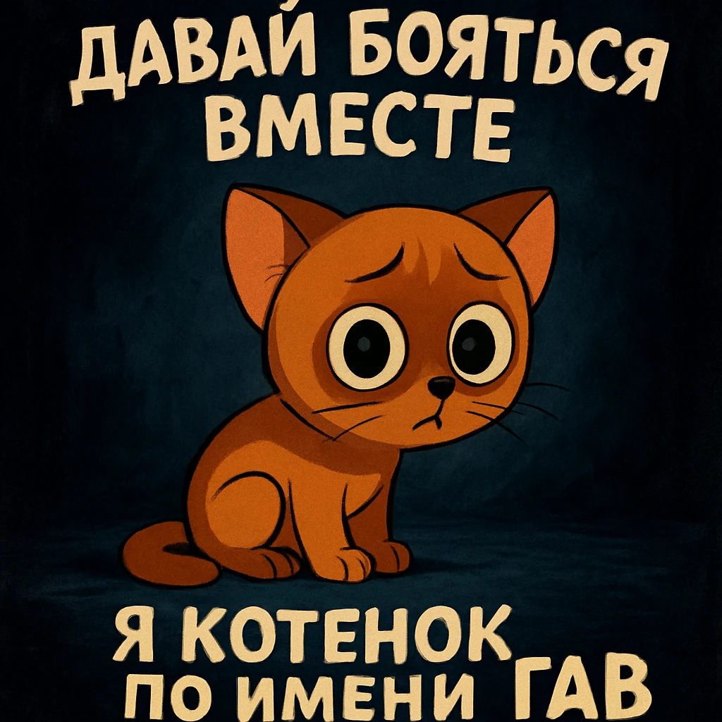 Котенок гав боится, фон какой то темный типа как из мультика там, рядом красивая надпись в стиле дайте танк(!) «давай боятся вместе, я котенок по имени гав». Стиль картинки как в мультике «котенок по имени гав»