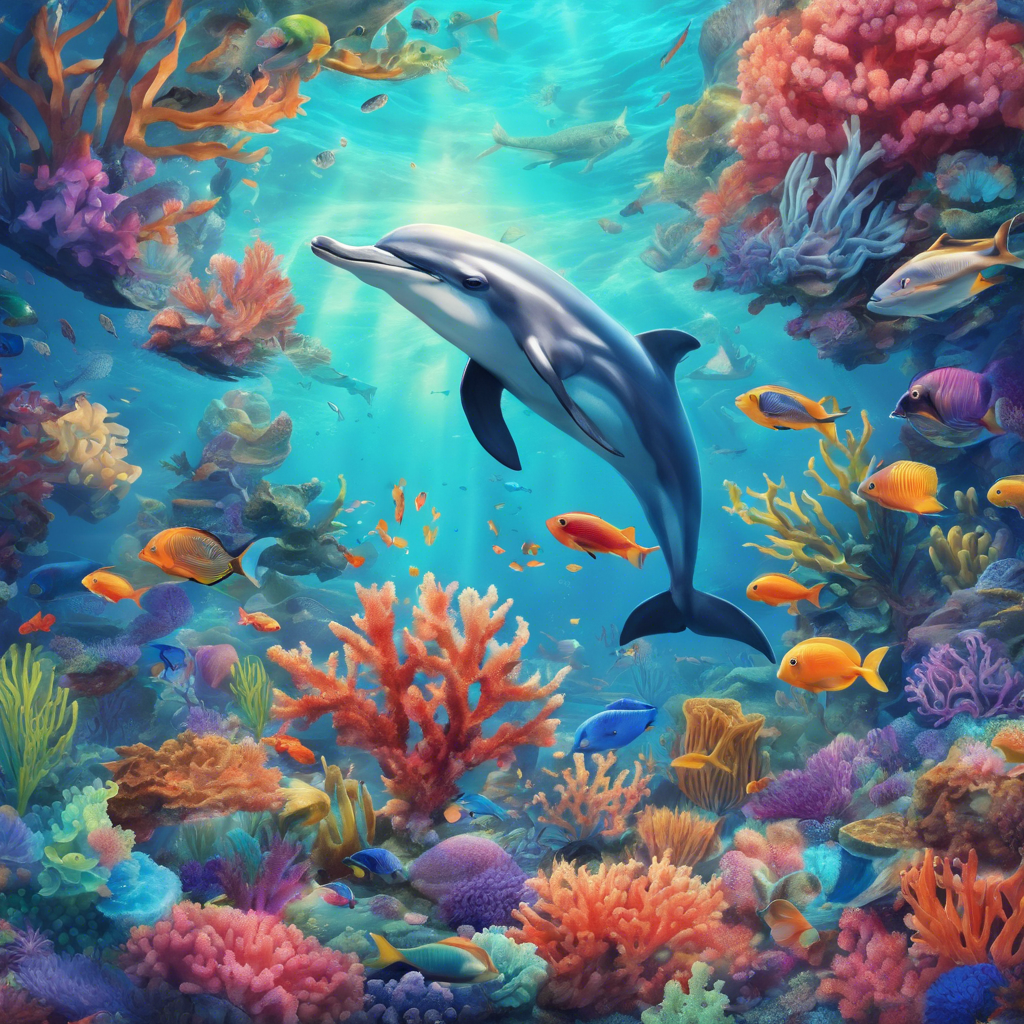 A playful underwater scene featuring a vibrant coral reef, colorful tropical fish, and a curious dolphin swimming among the corals.
