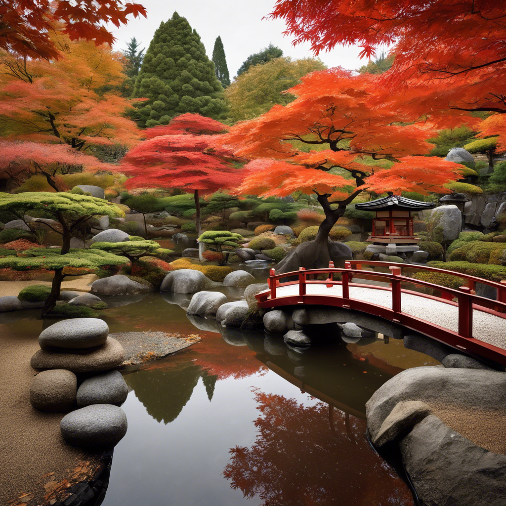 Japanese Zen Garden in Autumn: A peaceful Zen garden with meticulously raked gravel, a small koi pond, and a wooden bridge. Red and orange maple leaves gently fall from the trees, adding warmth to the serene environment. A traditional stone lantern stands near the pond.