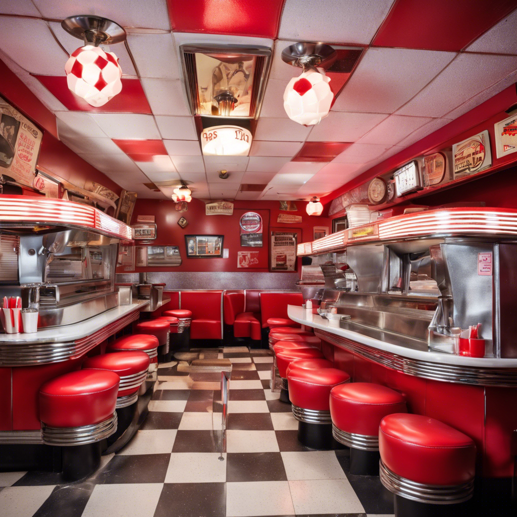 A vintage 1950s diner, with red vinyl booths, a classic jukebox, and a counter filled with milkshakes, burgers, and fries.