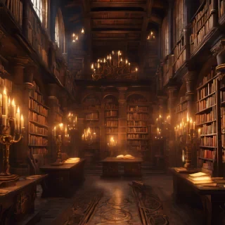 An ancient, mystical library filled with towering 