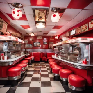 A vintage 1950s diner, with red vinyl booths, a cl