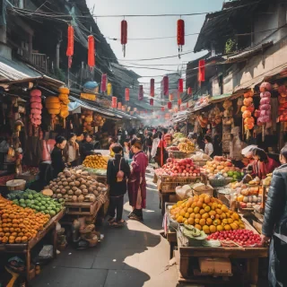 A bustling street market in a traditional Asian ci