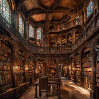 An ancient library filled with towering bookshelve