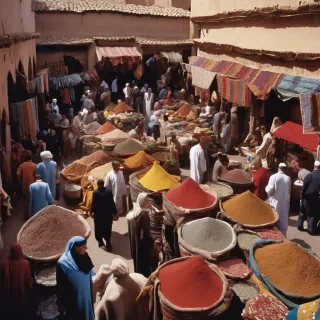 A bustling Moroccan market: The scene is vibrant w