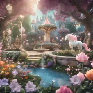 A whimsical fantasy garden with oversized flowers,