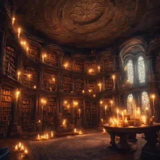 An ancient, mystical library filled with towering 