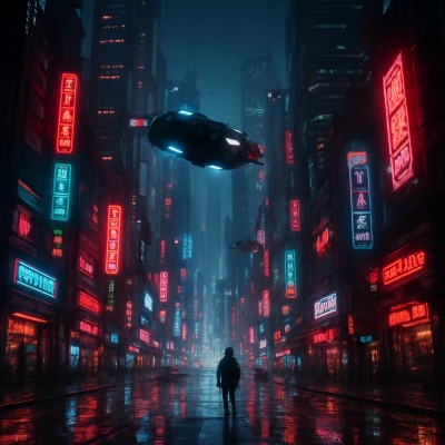 A sprawling cyberpunk metropolis at night, glowing