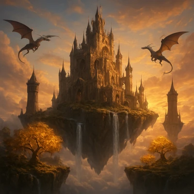 A majestic floating castle above the clouds, water