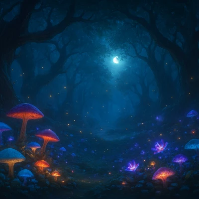 An enchanted forest filled with glowing mushrooms,