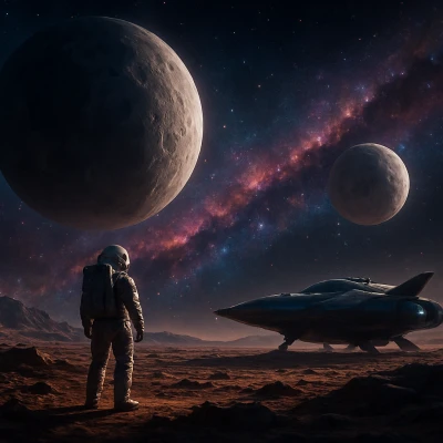 An astronaut standing on an alien planet with two 