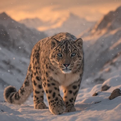 A majestic snow leopard walking through snowy moun