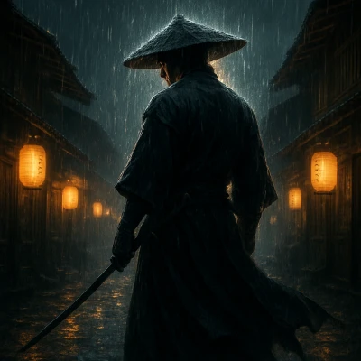 A lone samurai standing in heavy rain under glowin