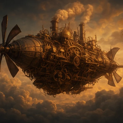 A massive steampunk airship floating above Victori