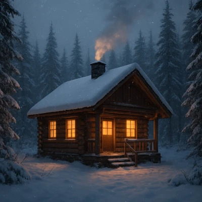 A cozy wooden cabin in a snowy forest, warm lights