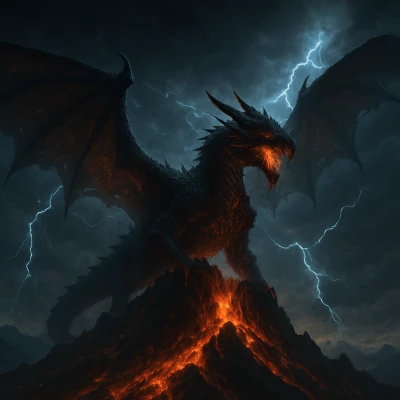 An enormous ancient dragon perched on a mountain p