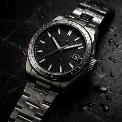 A luxury wristwatch on black marble, dramatic stud