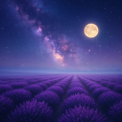 Endless lavender fields beneath a galaxy-filled sk