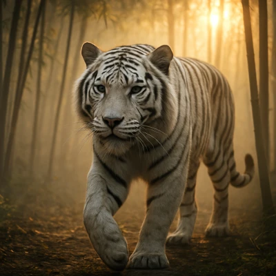 A majestic white tiger walking through a misty bam