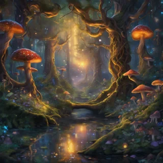 Enchanted Forest at Dusk: A lush, magical forest w
