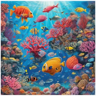 A vibrant underwater coral reef scene: The water i