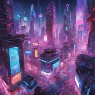 A futuristic cityscape at night: Skyscrapers with 