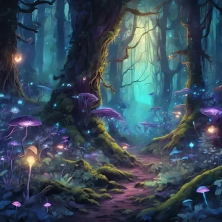 A magical forest with glowing plants and creatures