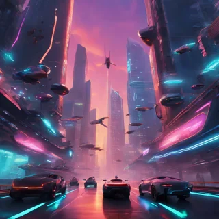 A futuristic cityscape at dusk, with neon lights r