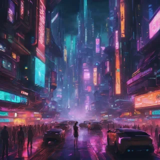 Cyberpunk Cityscape at Night: A sprawling futurist