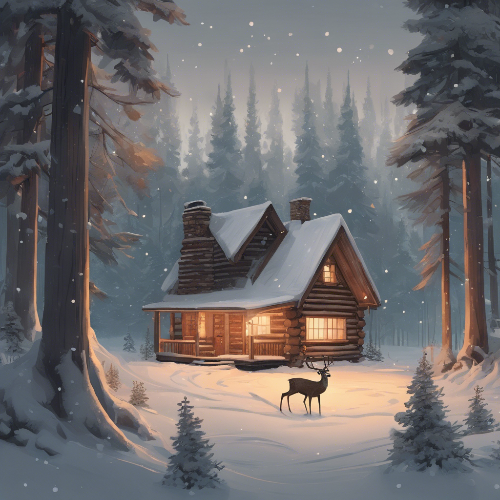 A cozy winter cabin in a snow-covered forest: The cabin is nestled among tall pine trees, their branches heavy with snow. Smoke curls up from the chimney, suggesting a warm fire inside. The scene is peaceful, with soft snowflakes falling from a gray sky. A deer stands nearby, cautiously observing the cabin, while a light inside casts a welcoming glow.