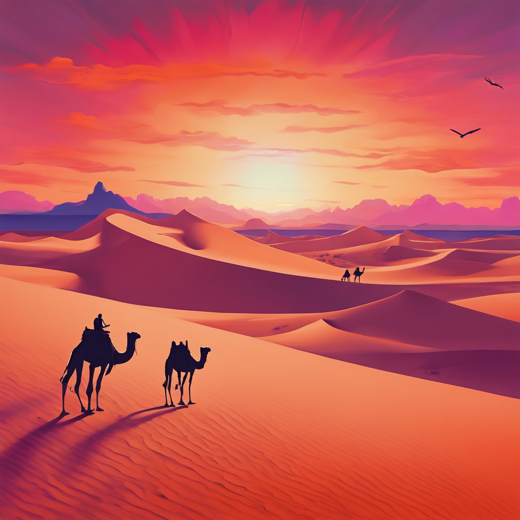A dramatic desert landscape at sunset, with towering sand dunes, a lone camel caravan, and a vibrant sky painted in hues of orange and pink.