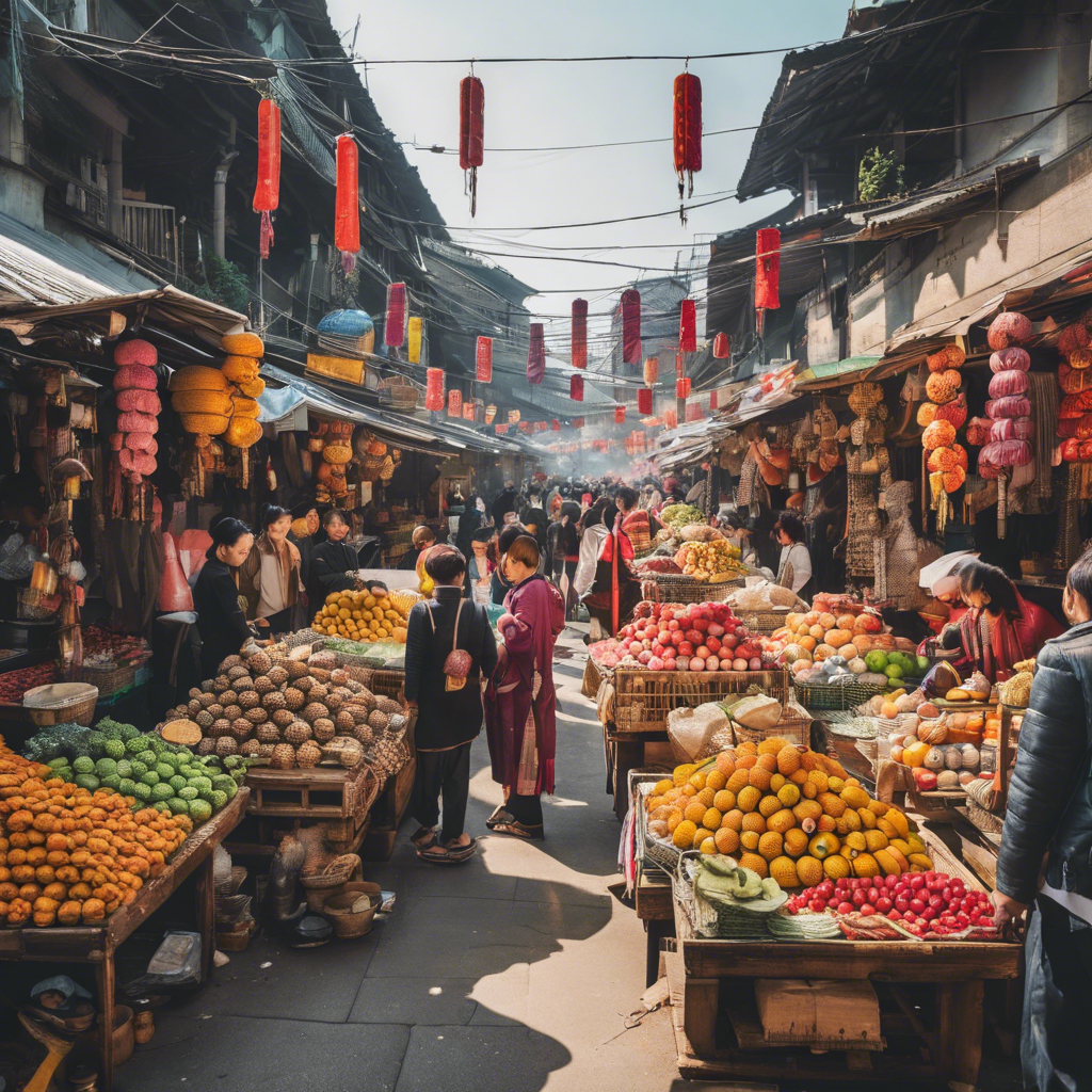 A bustling street market in a traditional Asian city, with colorful stalls selling exotic fruits, spices, and handmade crafts.
